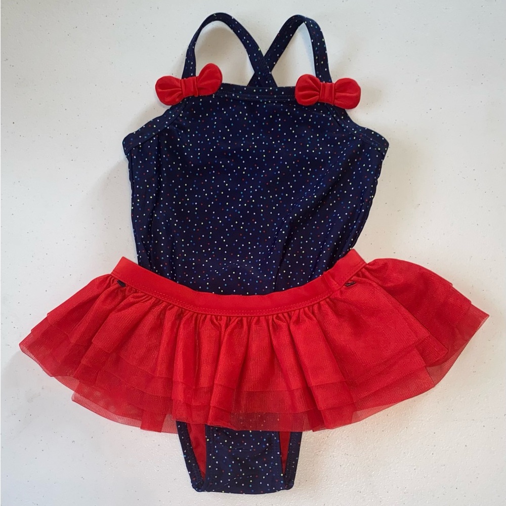 Cat & Jack Navy Blue Polka Dot One Piece Swimsuit with Red Tutu Size 3T
